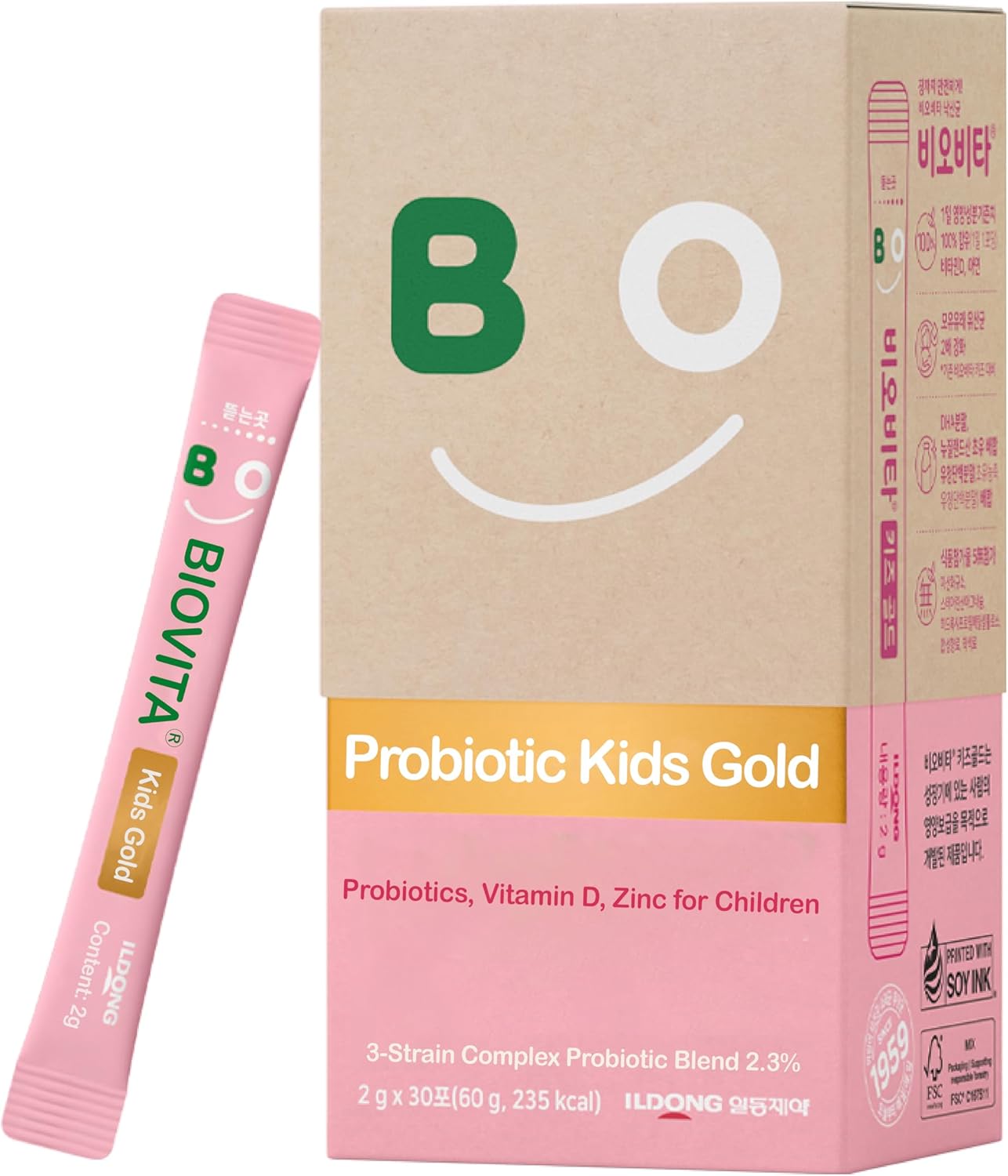 BIOVITA Kids Probiotics Powder - Strawberry Milk Flavor, 30 Sticks for Healthy Immune & Digestive System, Children 3-12, Bifidobacteria, Vitamin D, Zinc, Mouth-Dissolving Formula.