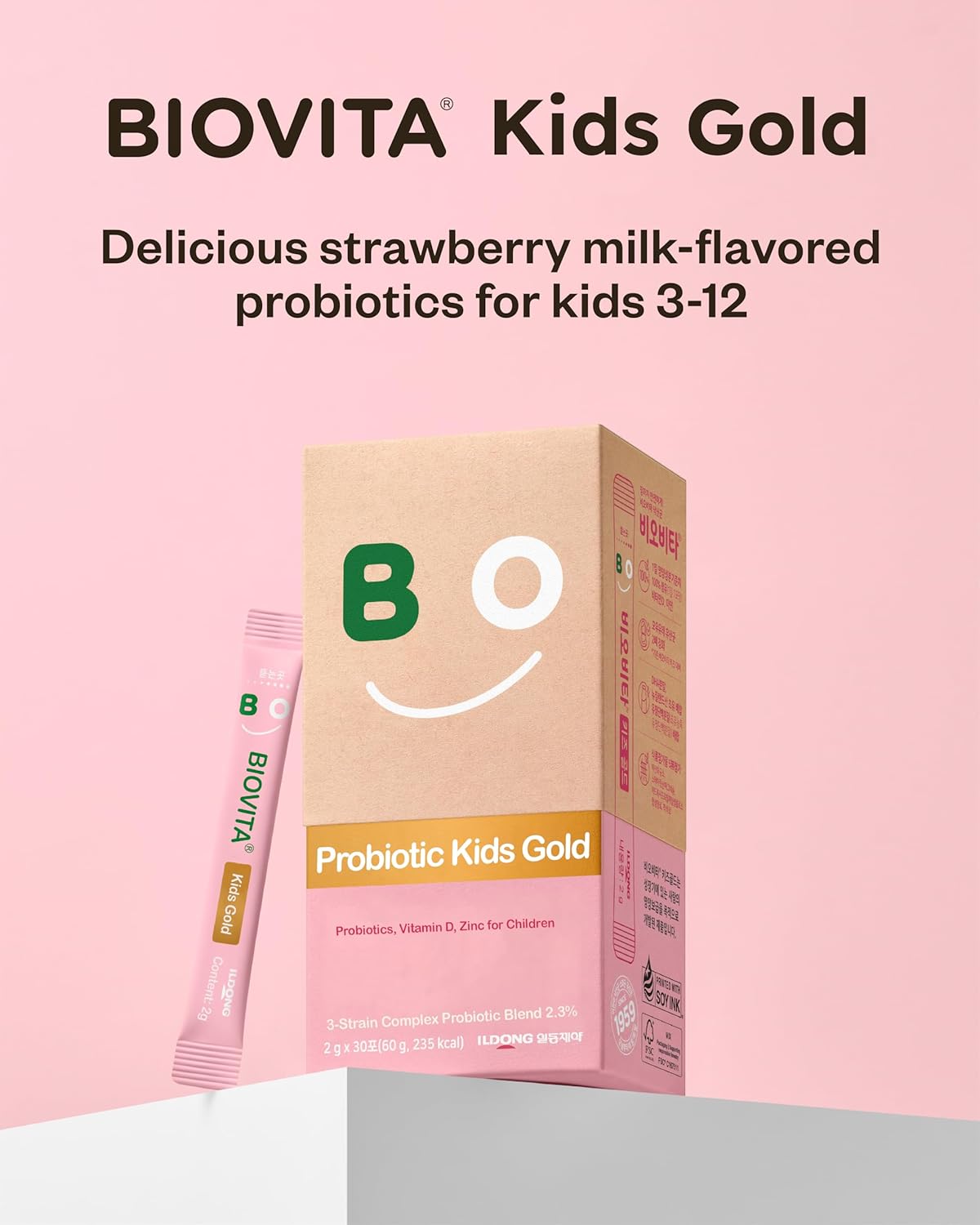 BIOVITA Kids Probiotics Powder - Strawberry Milk Flavor, 30 Sticks for Healthy Immune & Digestive System, Children 3-12, Bifidobacteria, Vitamin D, Zinc, Mouth-Dissolving Formula.
