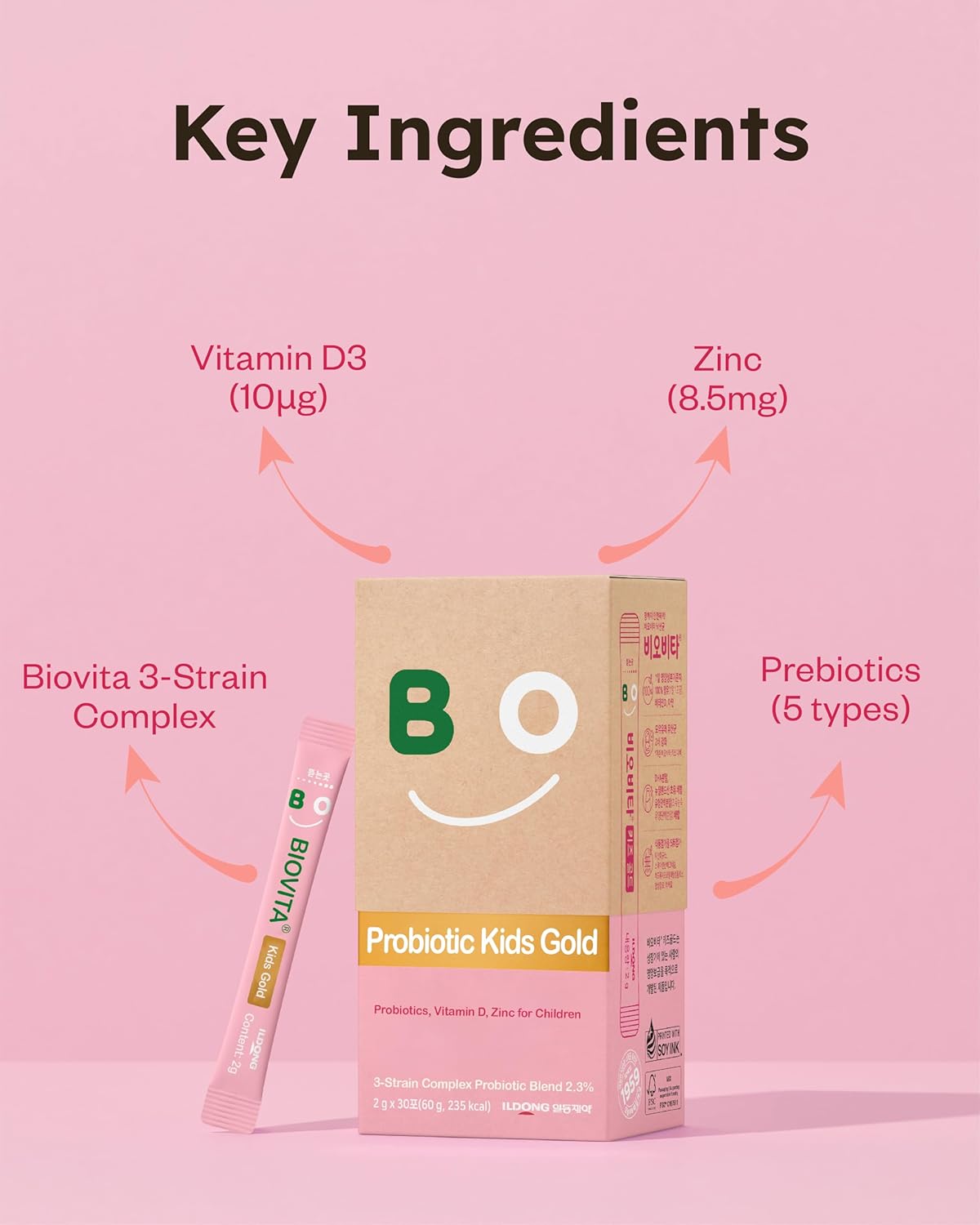 BIOVITA Kids Probiotics Powder - Strawberry Milk Flavor, 30 Sticks for Healthy Immune & Digestive System, Children 3-12, Bifidobacteria, Vitamin D, Zinc, Mouth-Dissolving Formula.
