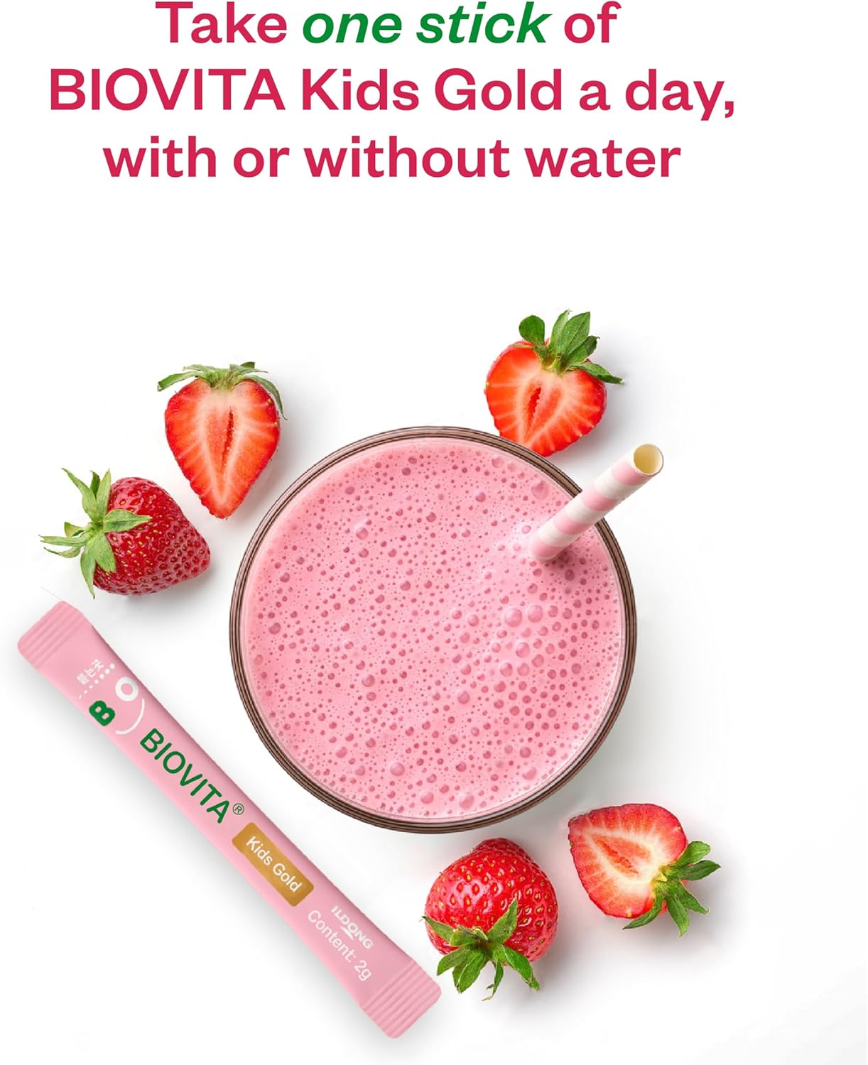 BIOVITA Kids Probiotics Powder - Strawberry Milk Flavor, 30 Sticks for Healthy Immune & Digestive System, Children 3-12, Bifidobacteria, Vitamin D, Zinc, Mouth-Dissolving Formula.