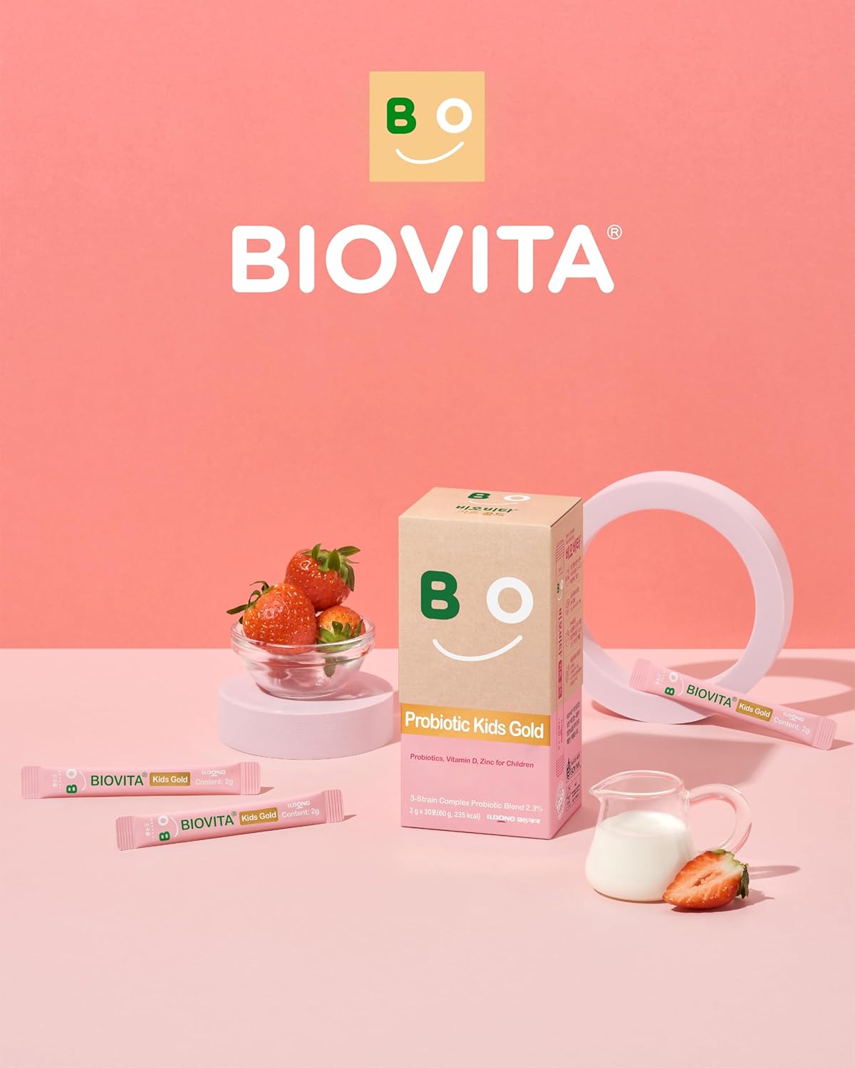 BIOVITA Kids Probiotics Powder - Strawberry Milk Flavor, 30 Sticks for Healthy Immune & Digestive System, Children 3-12, Bifidobacteria, Vitamin D, Zinc, Mouth-Dissolving Formula.