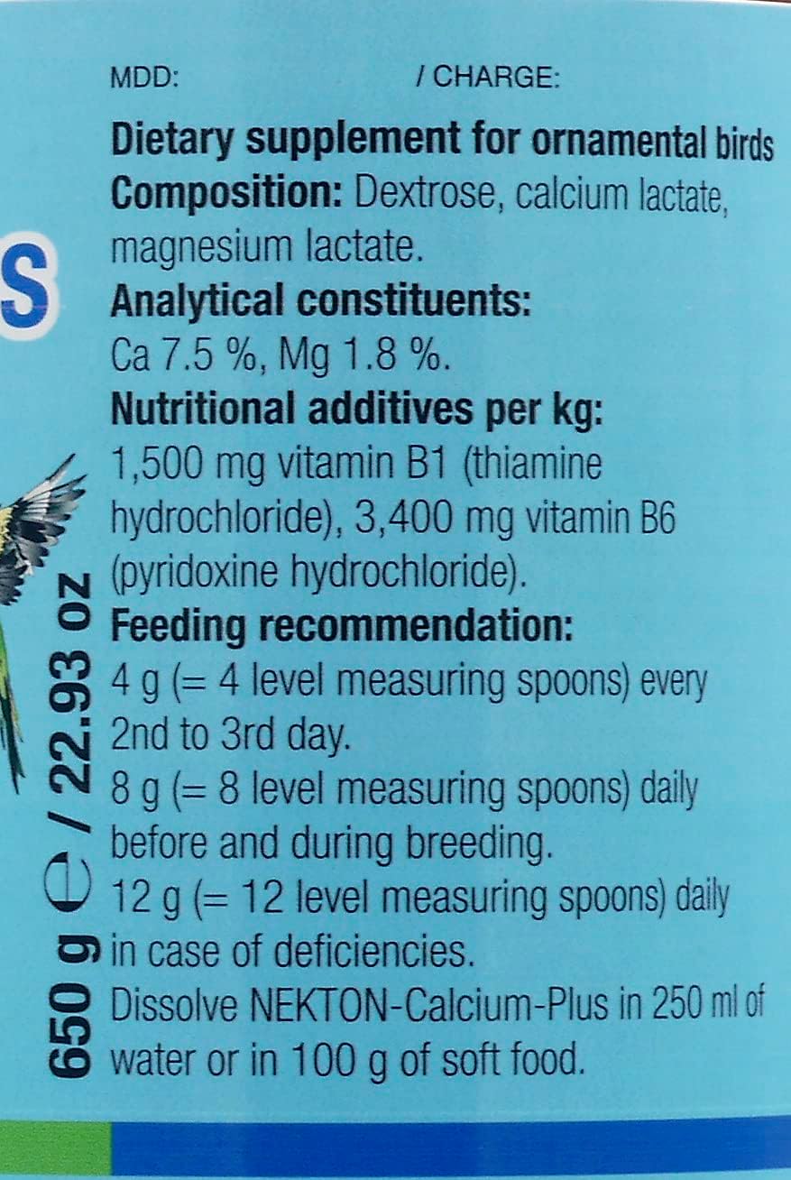 Bird Calcium and Magnesium Supplement with B Vitamins - 650gm / 1.43Lb - Nekton Calcium-Plus White