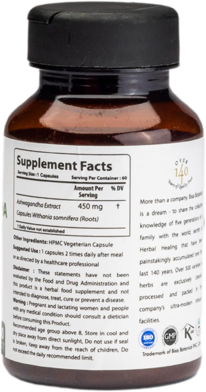 bixa BOTANICAL Ashwagandha Extract Capsules - Immunity Booster & Energy Supplement - Indian Ginseng - 60 Count Pack