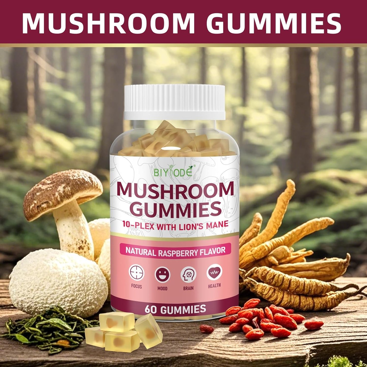 BIYODE 10x Mushroom Gummies: Adaptogenic Blend with Lion's Mane, Reishi, Cordyceps, & Chaga - Sugar-Free Stress Relief & Focus Supplement - 1600mg, 60 Count