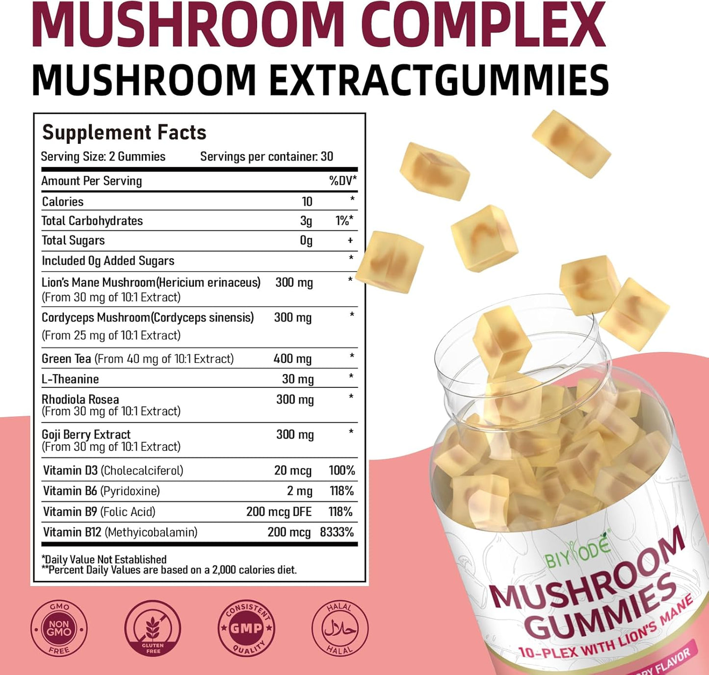 BIYODE 10x Mushroom Gummies: Adaptogenic Blend with Lion's Mane, Reishi, Cordyceps, & Chaga - Sugar-Free Stress Relief & Focus Supplement - 1600mg, 60 Count