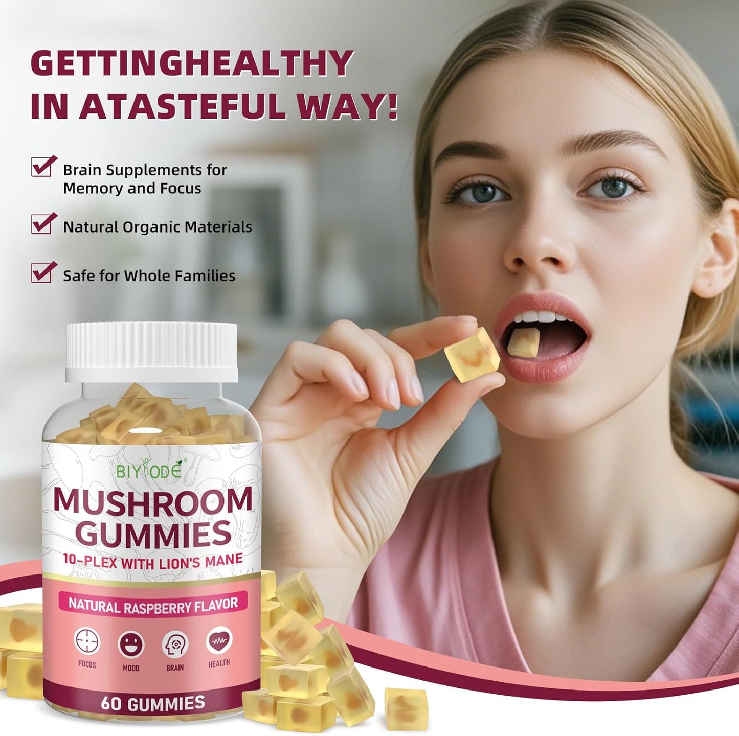 BIYODE 10x Mushroom Gummies: Adaptogenic Blend with Lion's Mane, Reishi, Cordyceps, & Chaga - Sugar-Free Stress Relief & Focus Supplement - 1600mg, 60 Count