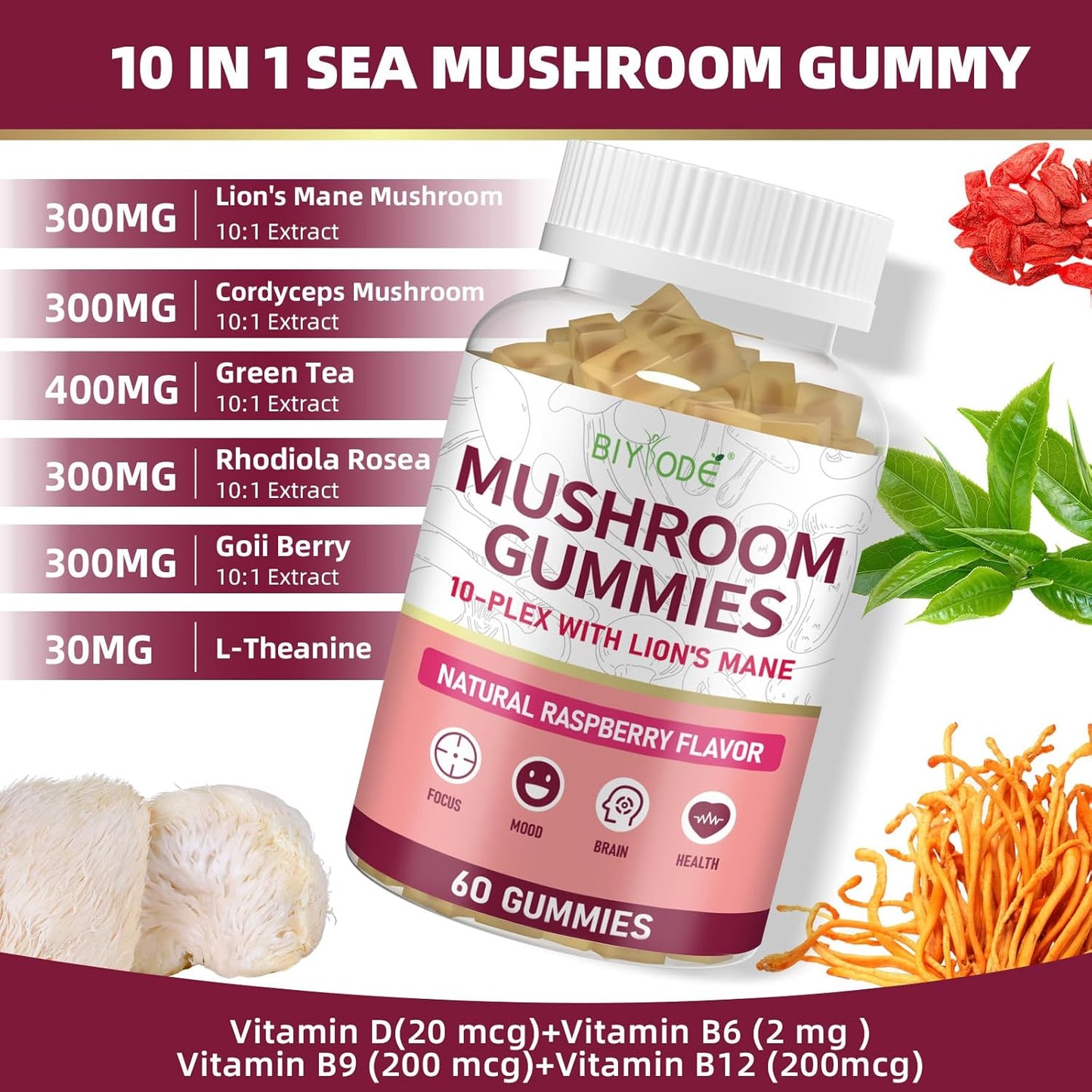 BIYODE 10x Mushroom Gummies: Adaptogenic Blend with Lion's Mane, Reishi, Cordyceps, & Chaga - Sugar-Free Stress Relief & Focus Supplement - 1600mg, 60 Count