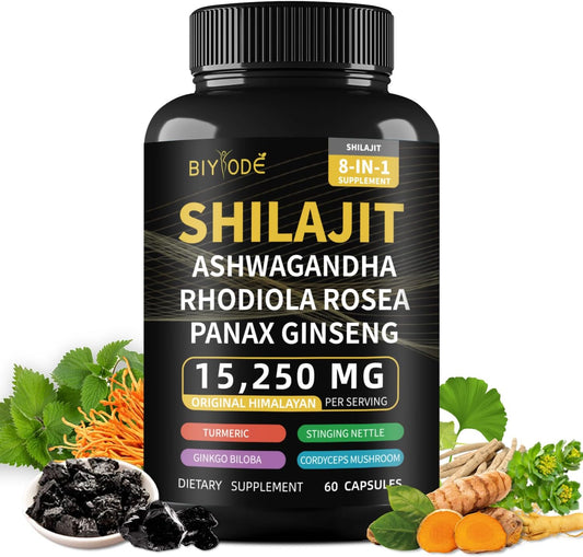 BIYODE 8-in-1 Shilajit Capsules for Men with Powerful Herbal Ingredients - 60 Capsules for 30 Days