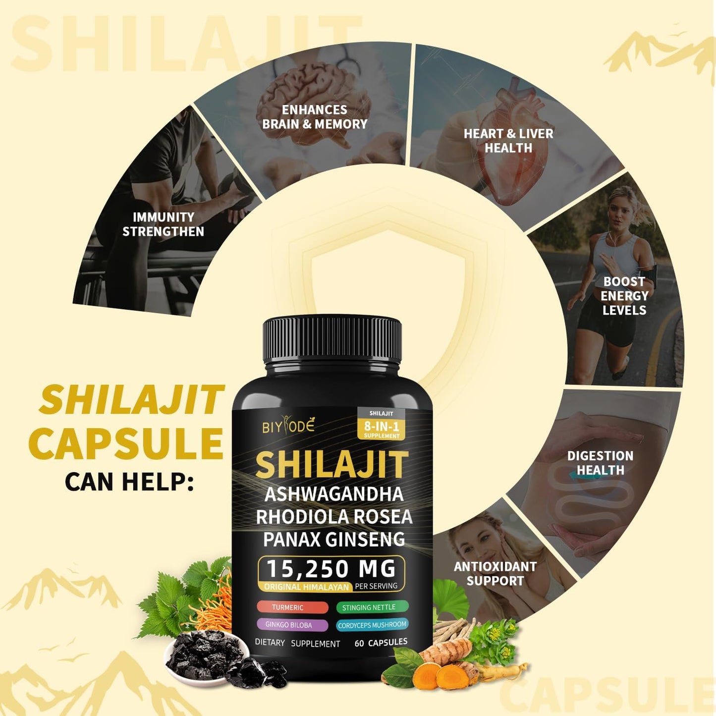 BIYODE 8-in-1 Shilajit Capsules for Men with Powerful Herbal Ingredients - 60 Capsules for 30 Days