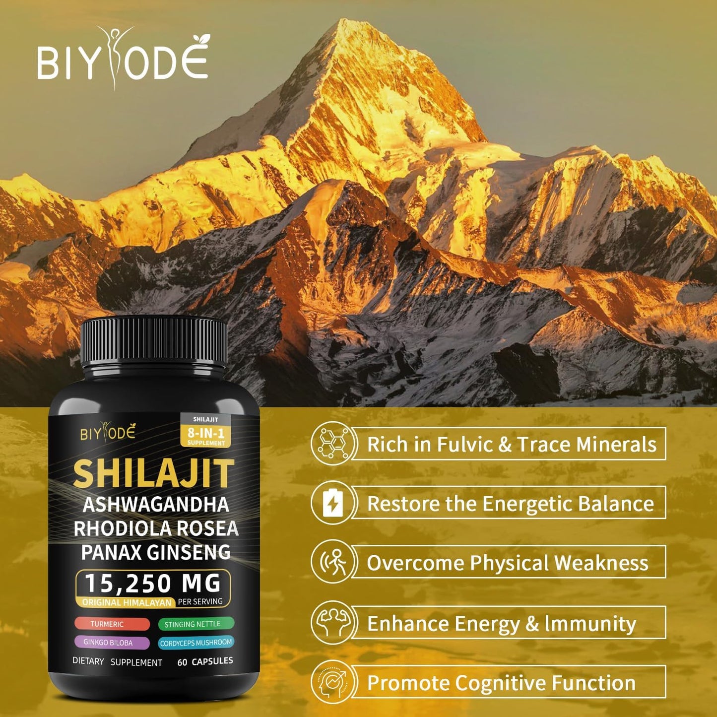 BIYODE 8-in-1 Shilajit Capsules for Men with Powerful Herbal Ingredients - 60 Capsules for 30 Days