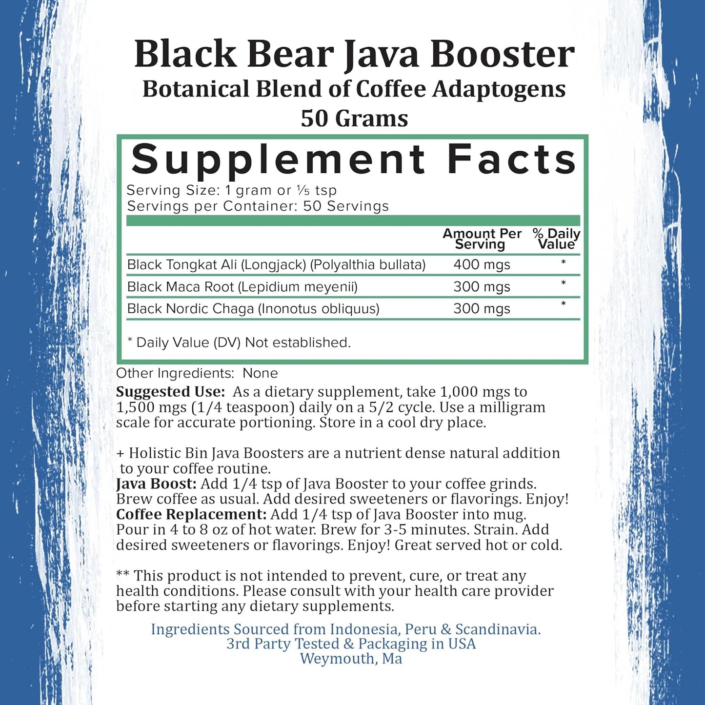 Black Bear Holistic Bin Organic Mushroom Coffee Java Booster with Tongkat Ali, Black Maca, and Nordic Chaga - Energy Supplements for Women and Men