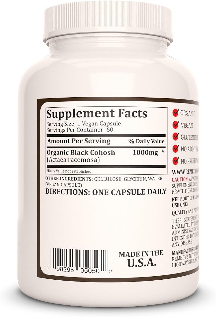 Black Cohosh 1000mg Herbal Dietary Supplement | 60 Vegan Capsules | Two Month Supply | Non-GMO, Gluten Free, Dairy Free