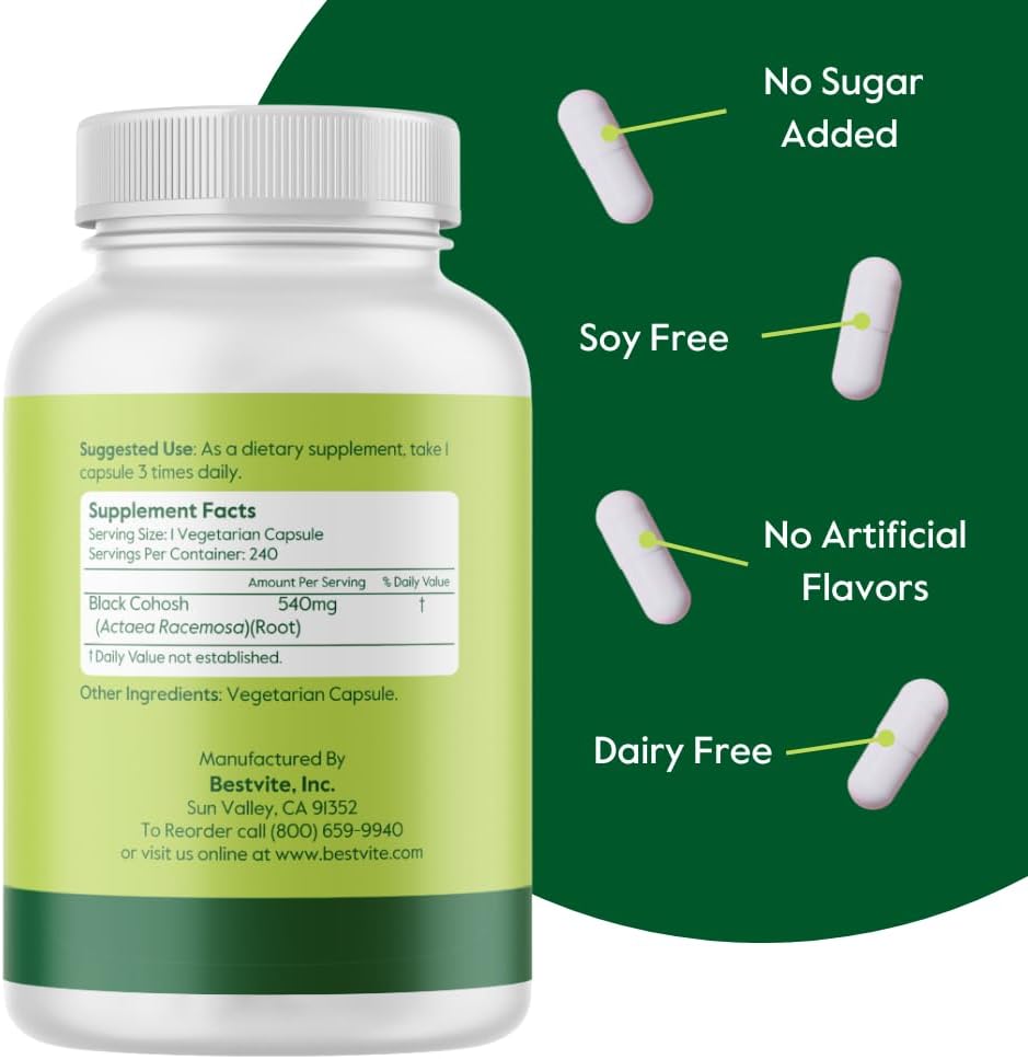 Black Cohosh 540mg Capsules - 240 Vegetarian Capsules - Vegan & Non-GMO - Gluten Free - No Fillers