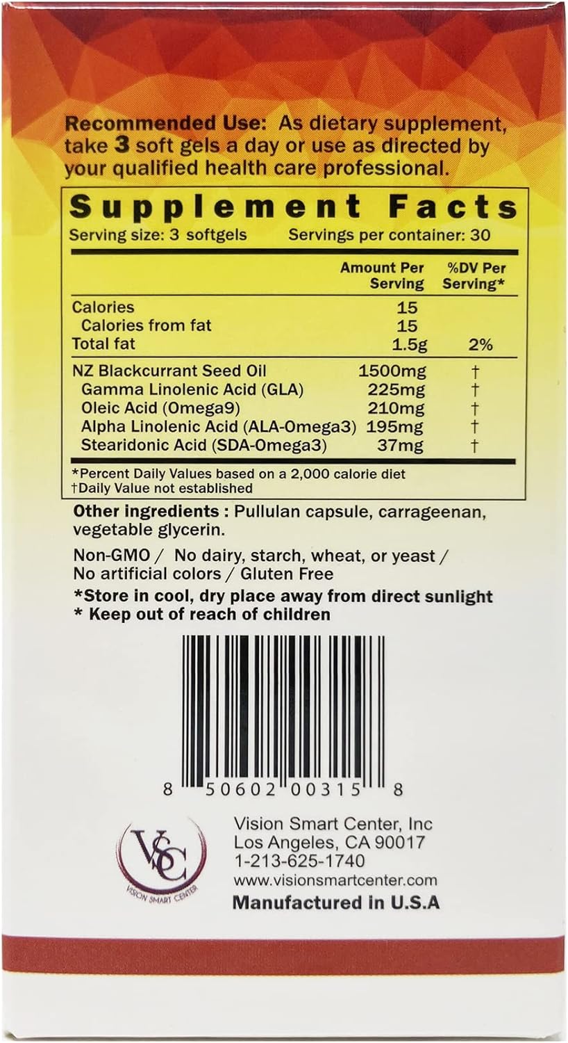 Black Currant Seed Oil Softgels 1500mg - Skin, Joint, Eye Health - Antioxidant Formula - 90ct Vision Smart Center