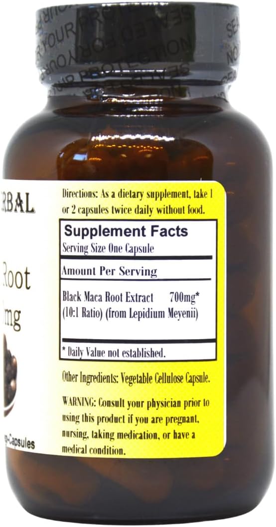 Black Maca Root Extract Capsules - 700mg Per Capsule - 60 Vegan Capsules - Peruvian Maca - Glass Bottle - Third Party Tested