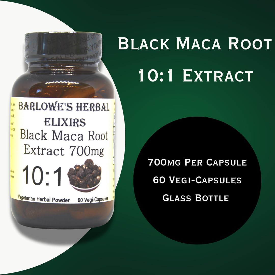 Black Maca Root Extract Capsules - 700mg Per Capsule - 60 Vegan Capsules - Peruvian Maca - Glass Bottle - Third Party Tested