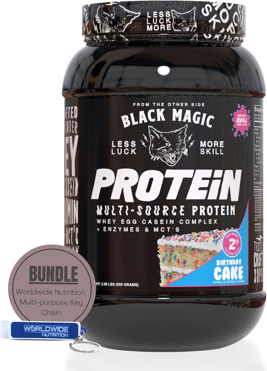 Black Magic Supply Worldwide Nutrition Bundle: Multi Source Protein Powder for Muscle Mass Gain - Birthday Cake Flavor - 2 LB & Multi Purpose Key Chain
