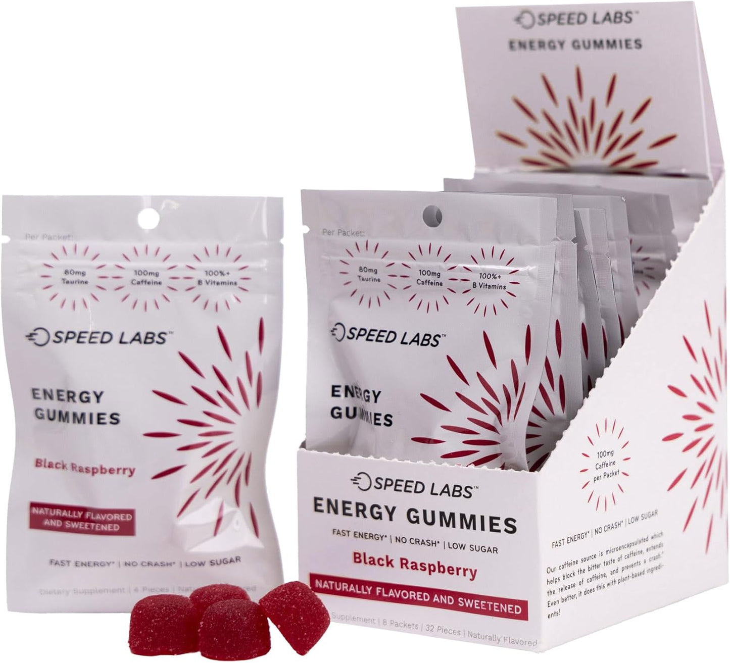 Black Raspberry Caffeine Energy Gummies - 25mg Caffeine, Taurine, B-Vitamins - Vegan, Gluten Free, 32 Pieces