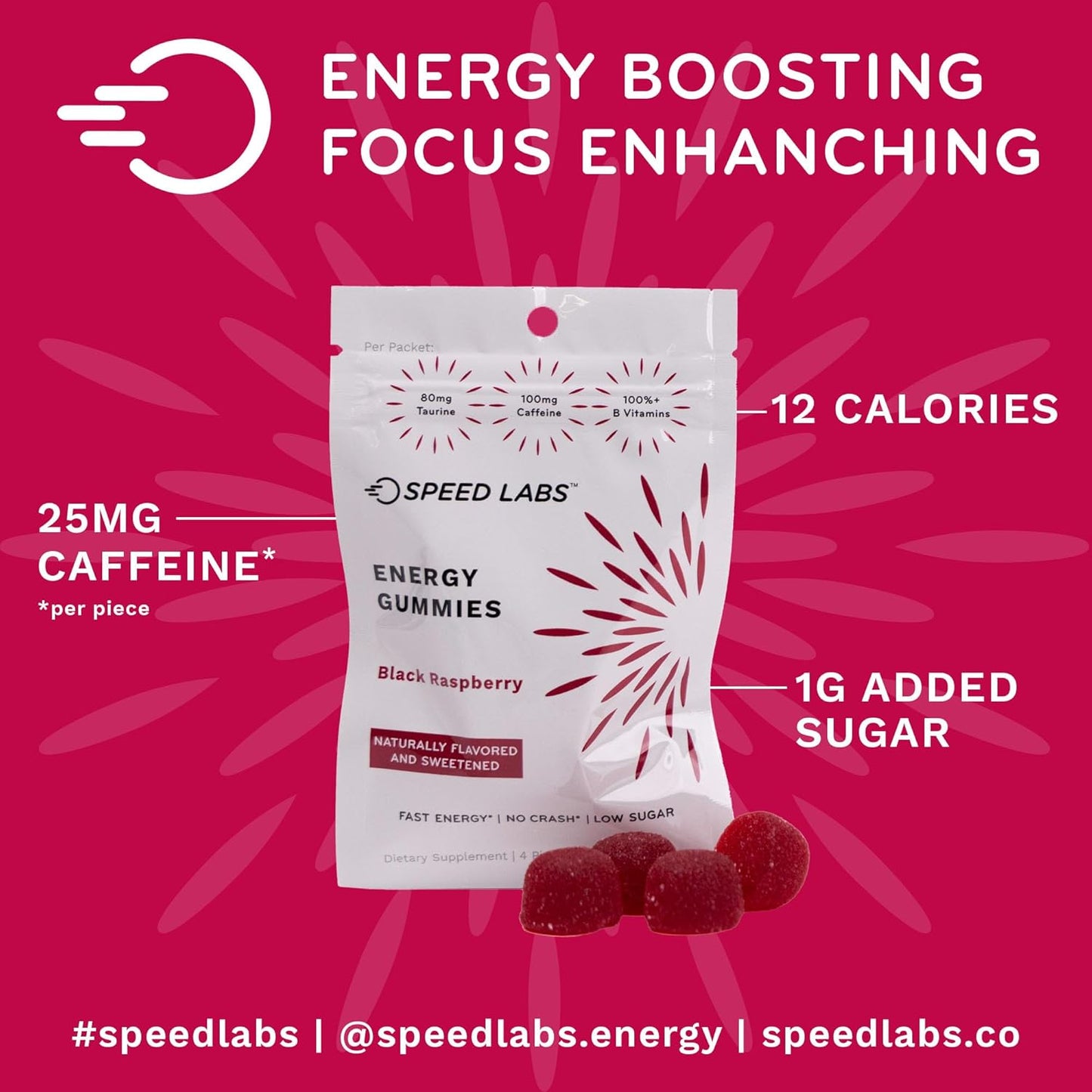 Black Raspberry Caffeine Energy Gummies - 25mg Caffeine, Taurine, B-Vitamins - Vegan, Gluten Free, 32 Pieces