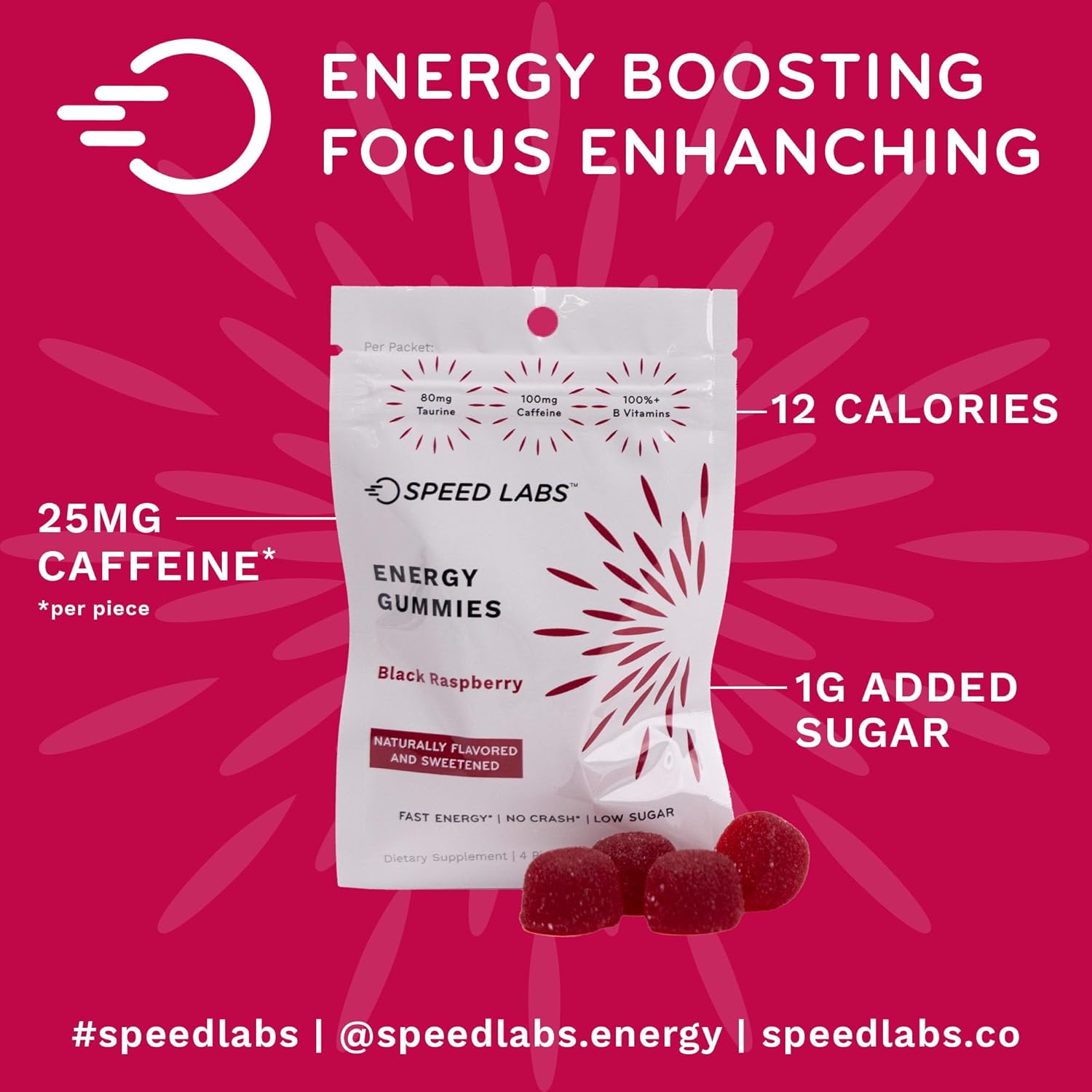 Black Raspberry Caffeine Energy Gummies - 25mg Caffeine, Taurine, B-Vitamins - Vegan, Gluten Free, 32 Pieces