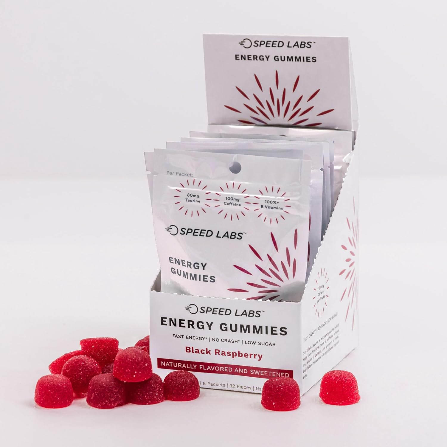 Black Raspberry Caffeine Energy Gummies - 25mg Caffeine, Taurine, B-Vitamins - Vegan, Gluten Free, 32 Pieces