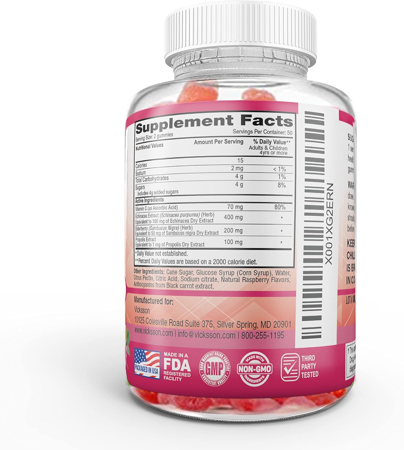 Black Sambucus Elderberry Gummies with Propolis, Echinacea, Vitamin C - Immune System Booster for Kids & Adults - Vegan - Raspberry Flavored - 100 Count