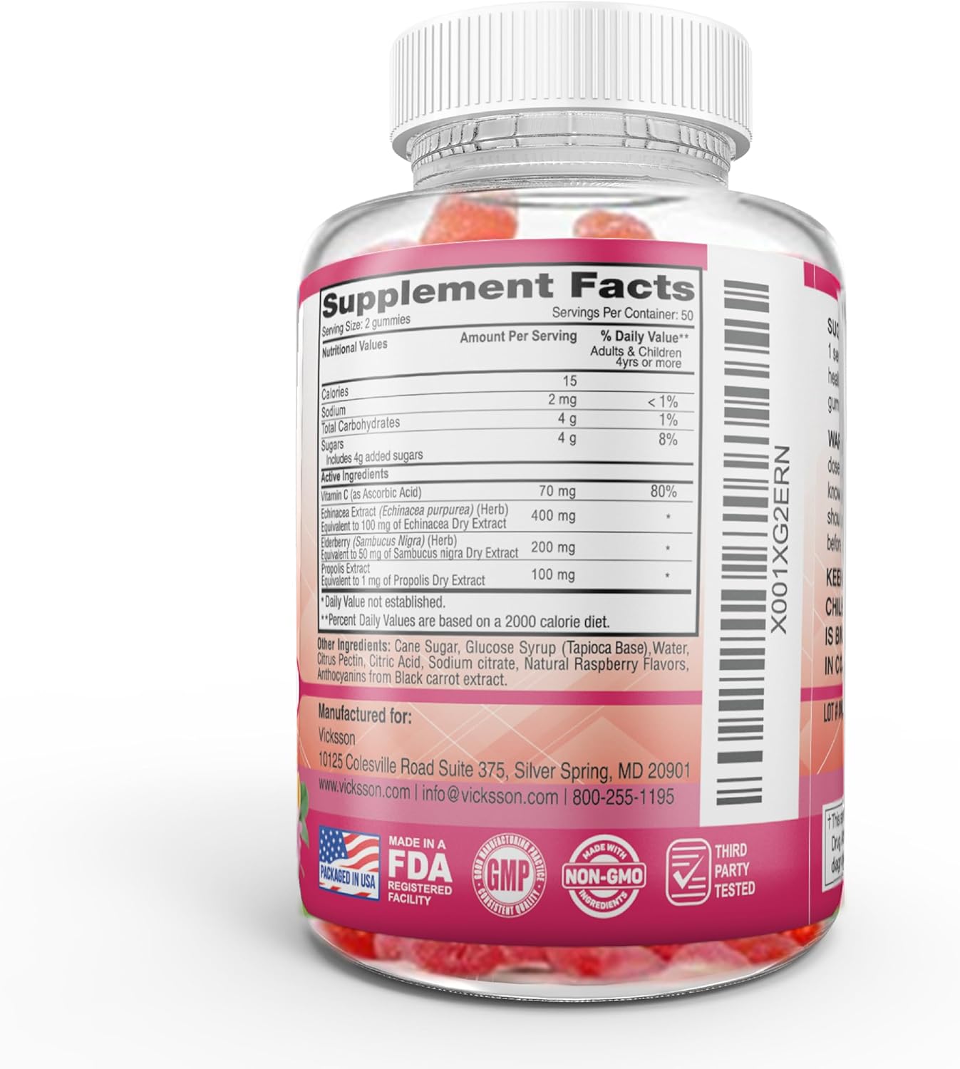Black Sambucus Elderberry Gummies with Propolis, Echinacea, Vitamin C - Immune System Booster for Kids & Adults - Vegan - Raspberry Flavored - 100 Count