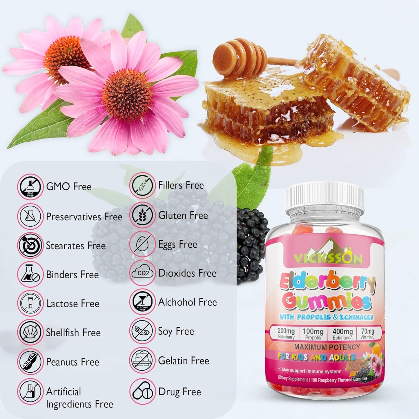 Black Sambucus Elderberry Gummies with Propolis, Echinacea, Vitamin C - Immune System Booster for Kids & Adults - Vegan - Raspberry Flavored - 100 Count