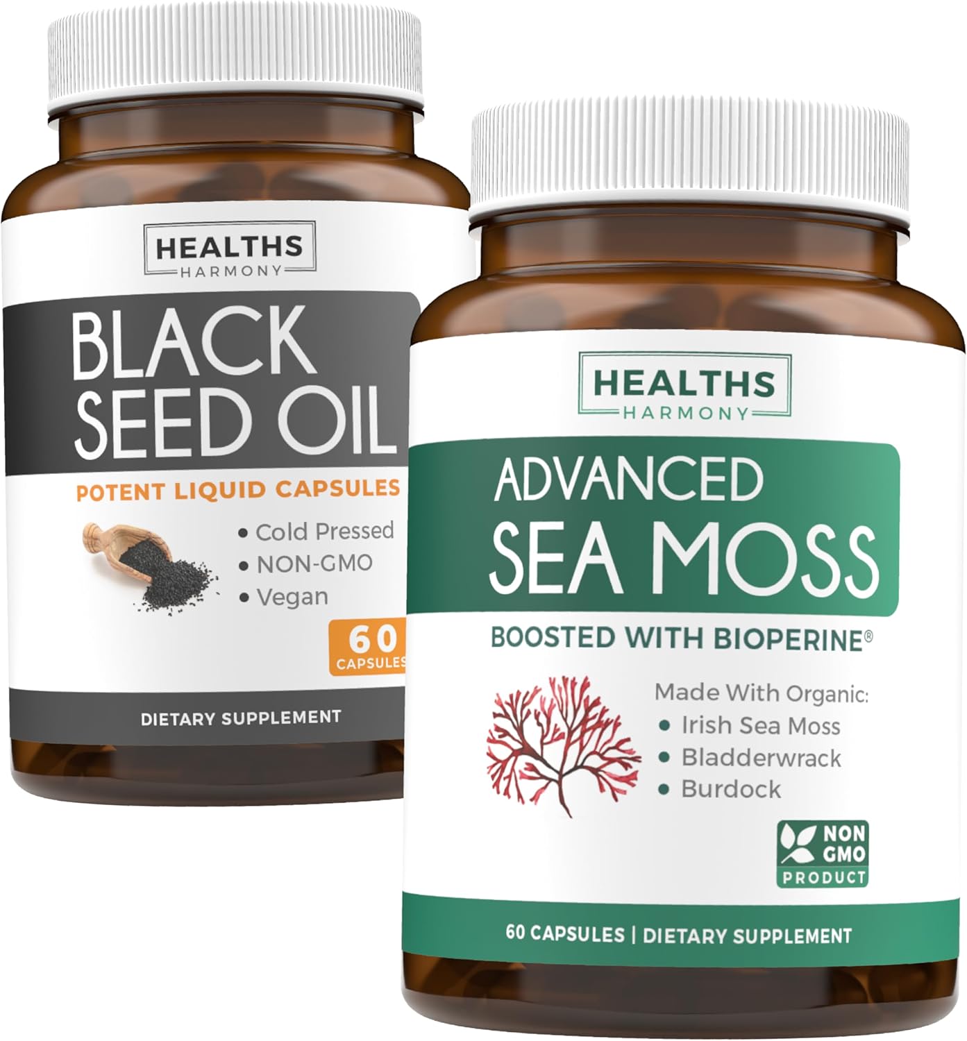 Black Seed Oil and Irish Sea Moss Capsules - 1 Month Supply of Wellness Duo Bundle with Bioperine and Bladderwrack