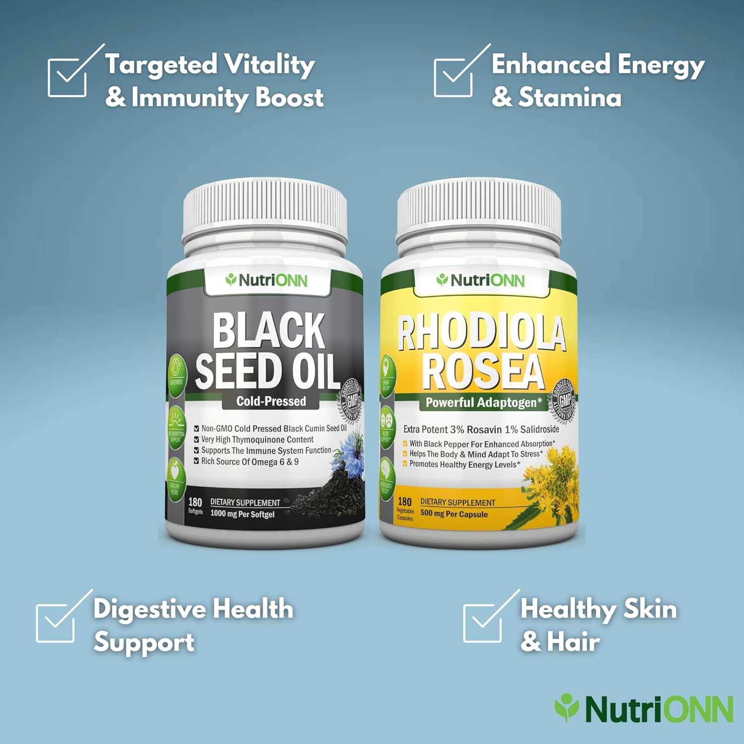 Black Seed Oil Softgels and Rhodiola Rosea Capsules for Enhanced Vitality and Immune Support