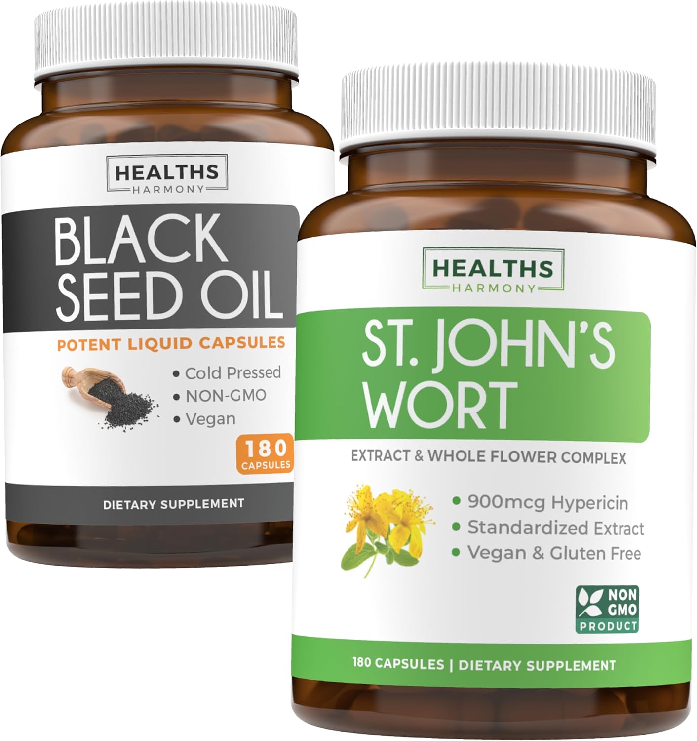 Black Seed Oil & St. John's Wort Harmony Bundle - 3-Month Supply, 180 Capsules, Cold-Pressed Nigella Sativa, 900mcg Hypericin