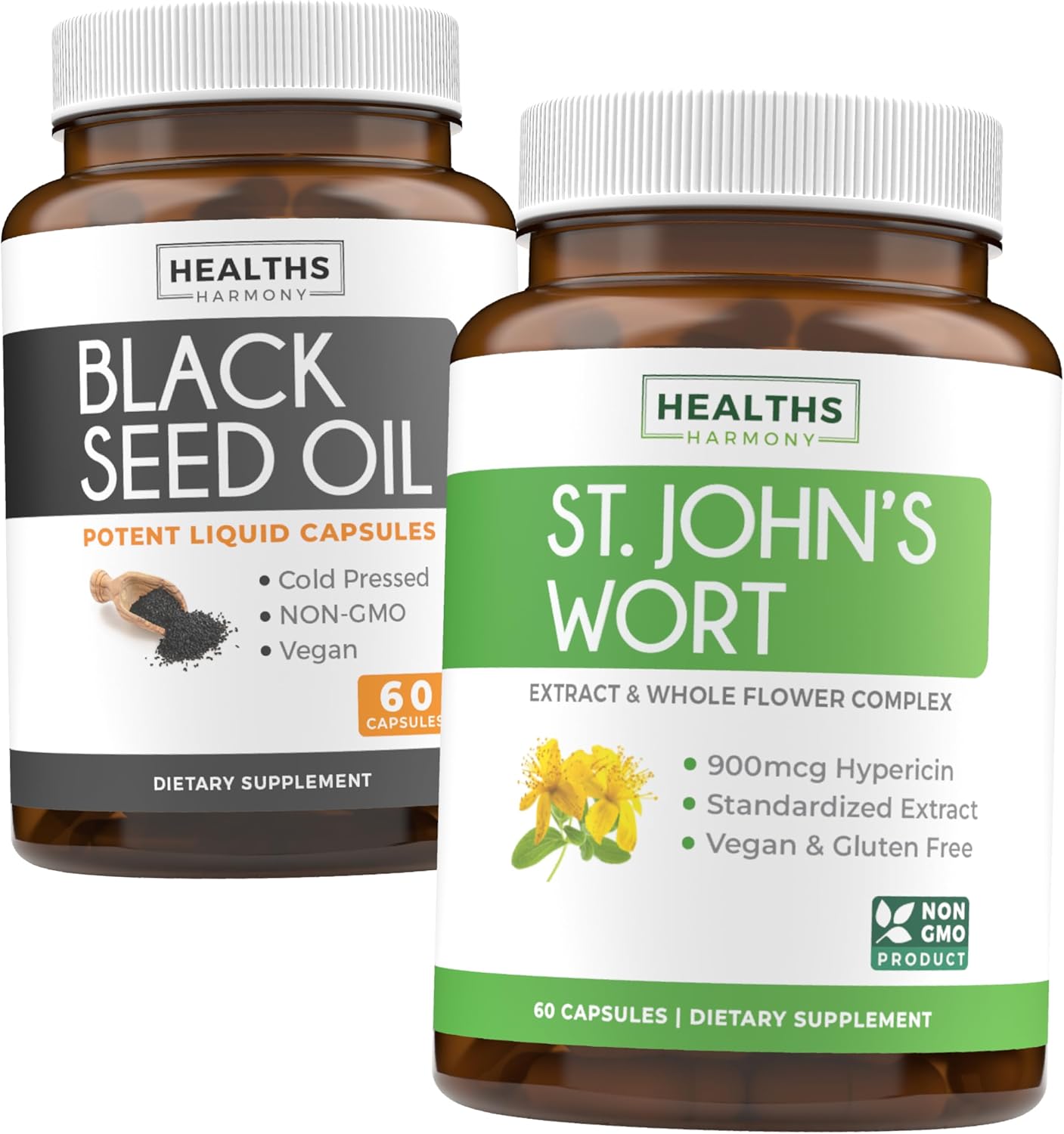 Black Seed Oil & St. John's Wort Serene Blend Bundle - 1 Month Supply - 60 Capsules- Cold-Pressed Nigella Sativa - Powerful 900mcg Hypericin