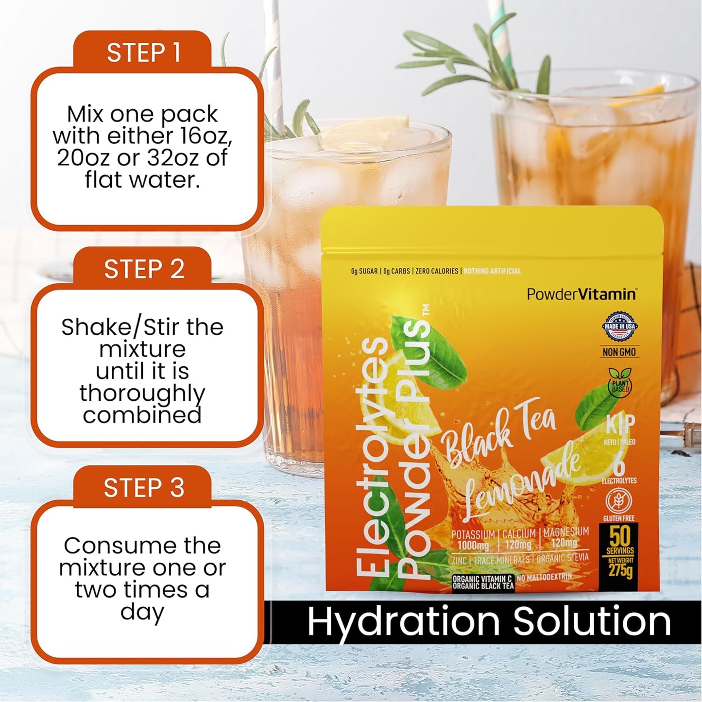 Black Tea Lemonade Electrolyte Powder - 50 Servings, Zero Calorie Keto Hydration Powder with 1000mg Potassium
