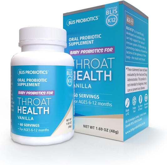 BLIS Probiotics Baby ThroatHealth Oral Probiotics - K12 Formula, 1.25 Billion Cfu, Immunity & Oral Health Support for Babies - Sugar-Free Powder, 60 Doses