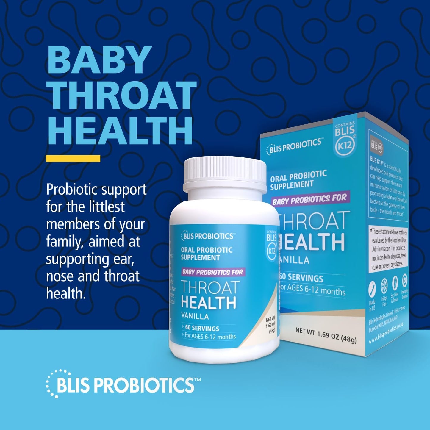 BLIS Probiotics Baby ThroatHealth Oral Probiotics - K12 Formula, 1.25 Billion Cfu, Immunity & Oral Health Support for Babies - Sugar-Free Powder, 60 Doses