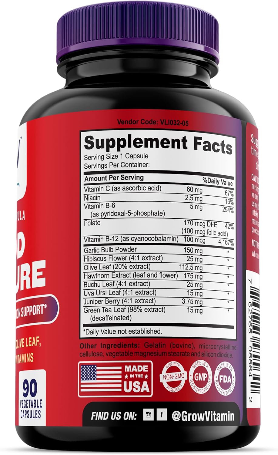 Blood Pressure Support Supplement with Garlic, Hawthorn & Hibiscus - 90 Capsules for Cardiovascular Health