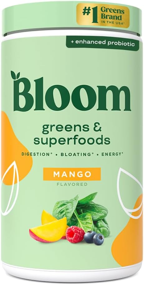 Bloom Nutrition Superfood Greens Powder with Digestive Enzymes, Probiotics, Prebiotics for Gut Health - Bloating Relief, Chlorella, Beet Root Powder - 60 Servings, Mango Flavor