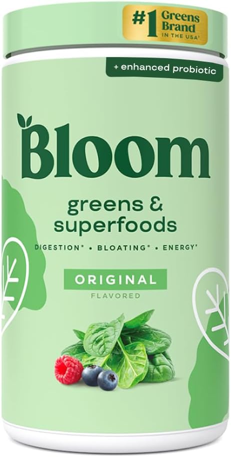 Bloom Nutrition Superfood Greens Powder with Digestive Enzymes, Probiotics, Prebiotics - Gut Health, Bloating Relief for Women - Chlorella, Beet Root - 60 Servings