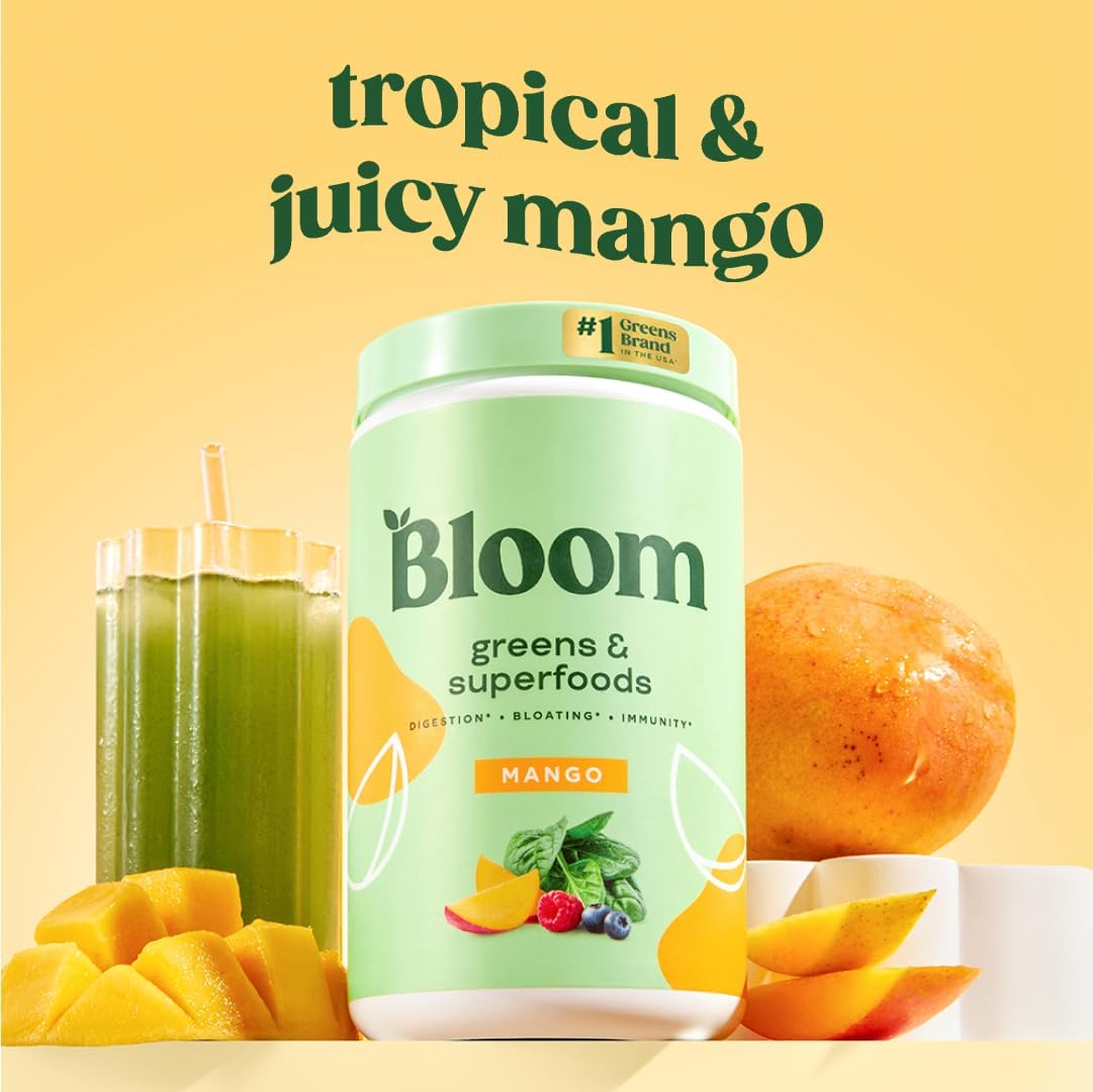 Bloom Nutrition Superfood Greens Powder with Digestive Enzymes, Probiotics, Prebiotics for Gut Health - Bloating Relief, Chlorella, Beet Root Powder - 60 Servings, Mango Flavor