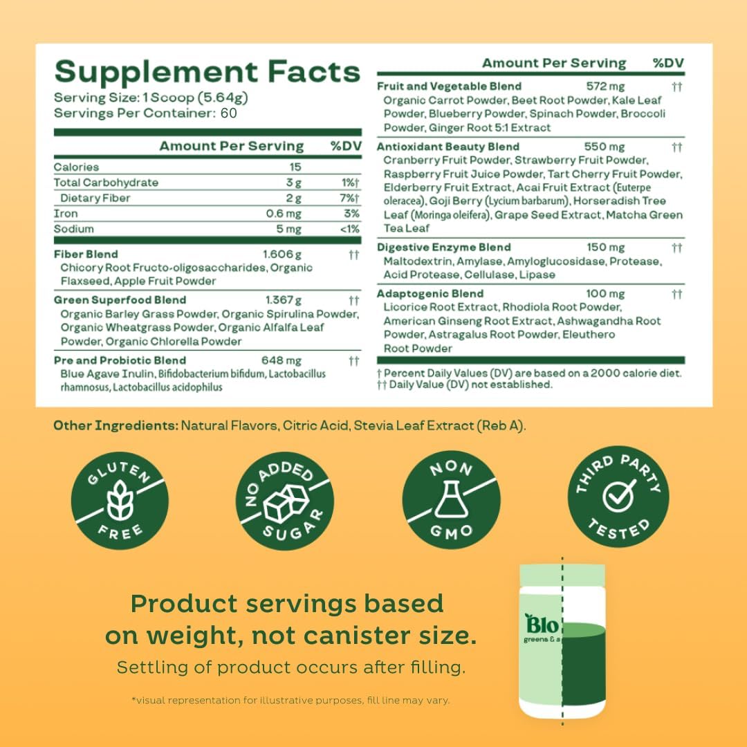 Bloom Nutrition Superfood Greens Powder with Digestive Enzymes, Probiotics, Prebiotics for Gut Health - Bloating Relief, Chlorella, Beet Root Powder - 60 Servings, Mango Flavor