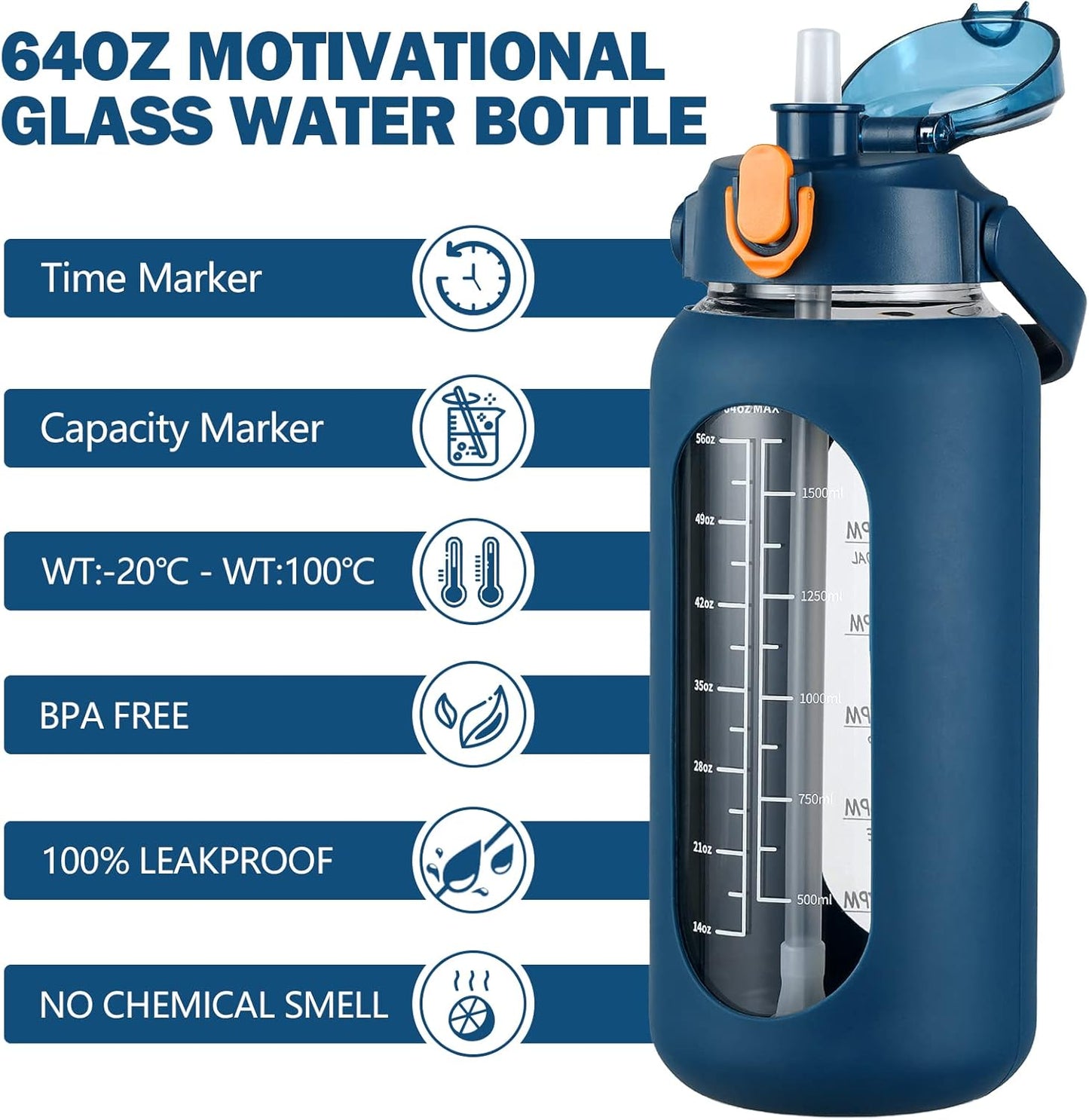 Blue 64oz Glass Water Bottle with Straw, Time Marker, and Silicone Sleeve - Half Gallon Motivational Jug for Gym, Home, Office - Leakproof 2L Glass Water Bottle