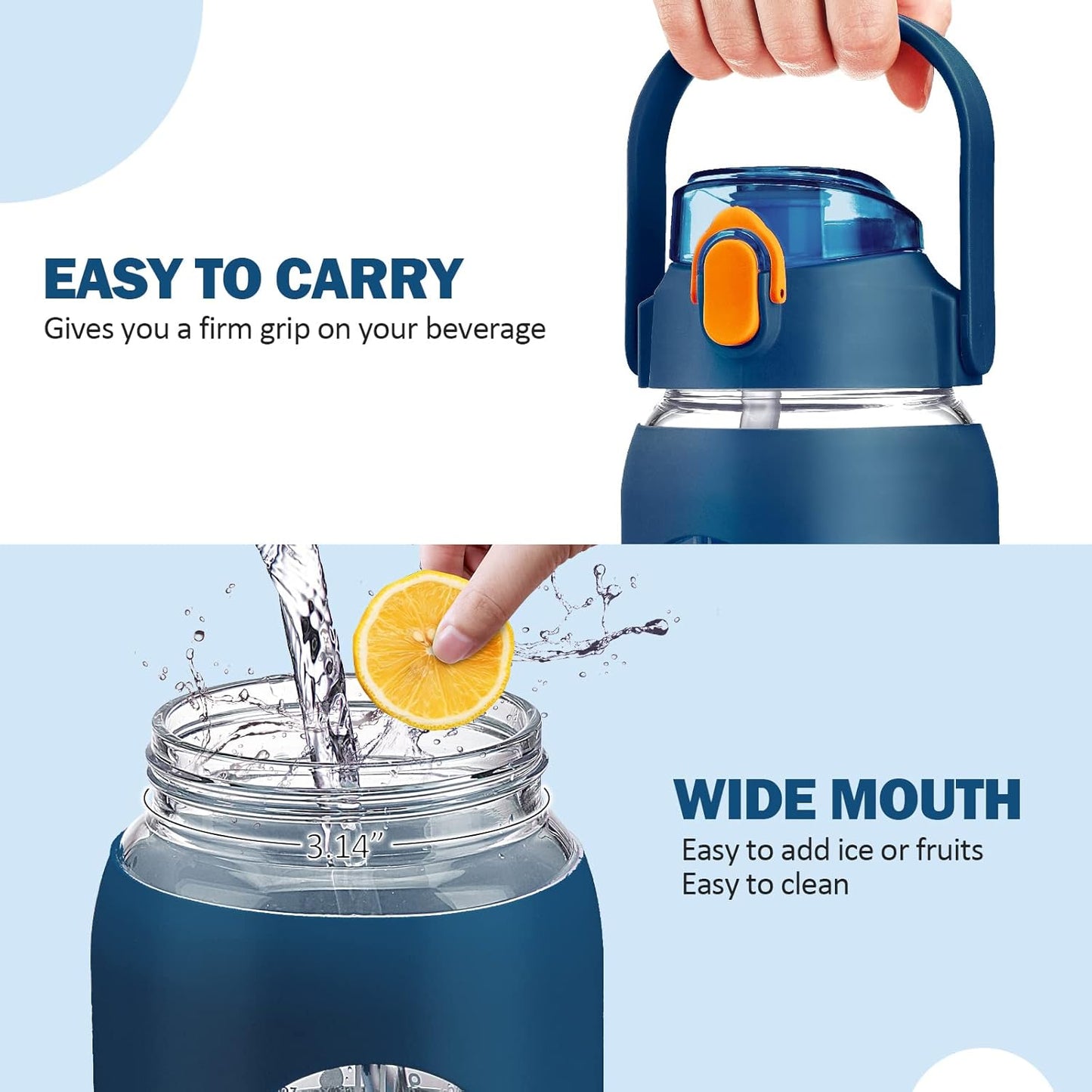 Blue 64oz Glass Water Bottle with Straw, Time Marker, and Silicone Sleeve - Half Gallon Motivational Jug for Gym, Home, Office - Leakproof 2L Glass Water Bottle