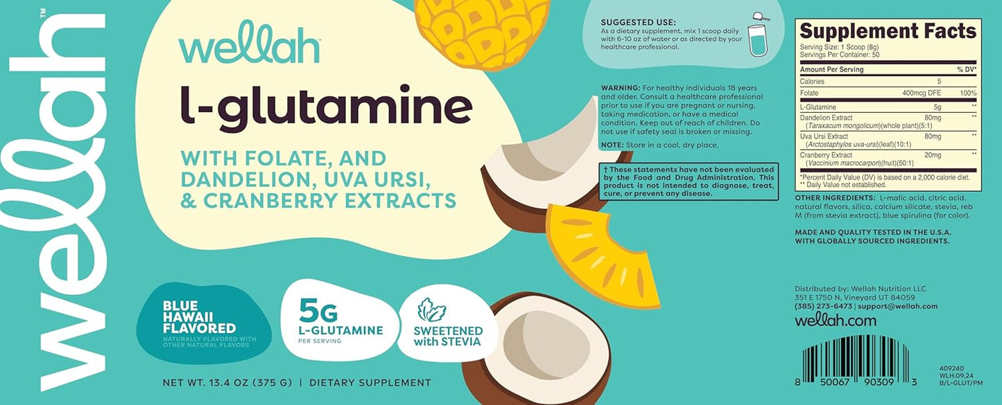 Blue Hawaii Wellah L-Glutamine Powder - 5g per Serving (50 Servings) - Sweetened with Stevia