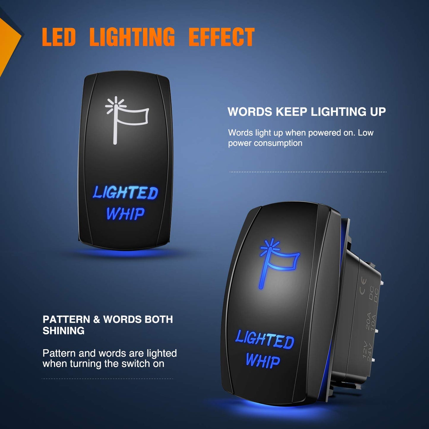 Blue Lighted Whip Rocker Switch LED Light Bar with Jumper Wires Set for Jeep Boat Trucks - 2 Year Warranty
