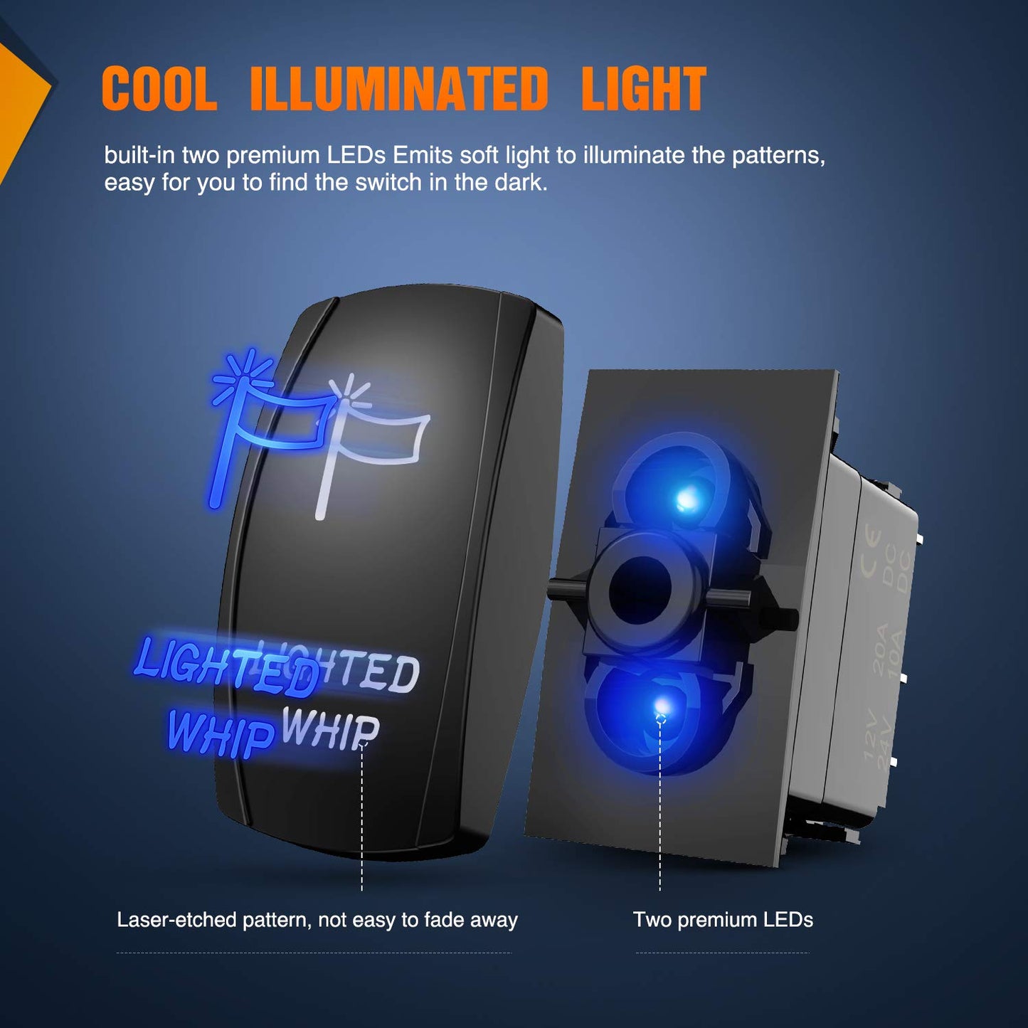 Blue Lighted Whip Rocker Switch LED Light Bar with Jumper Wires Set for Jeep Boat Trucks - 2 Year Warranty