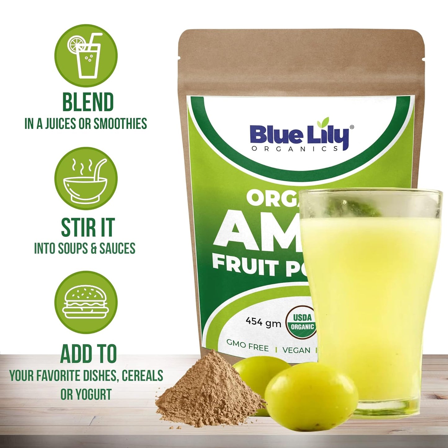 Blue Lily Organics USDA Organic Amla Powder 16oz - Pure Amla Berry Powder for Healthy Immune System, Rich in Antioxidant Vitamin C