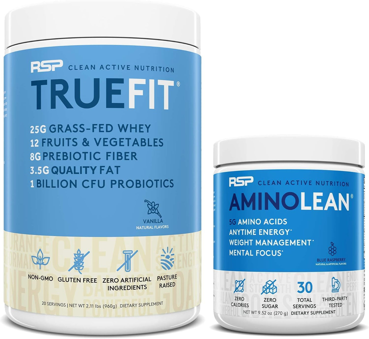 Blue Raspberry AminoLean Pre Workout Energy with Vanilla TrueFit Protein Powder - 30 Servings & 2 LB