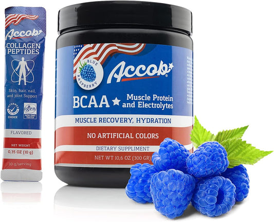 Blue Raspberry BCAA Powder for Pre or Post Workout - Muscle Recovery Drink with Amino Acids, Electrolytes, and Collagen Peptides - 30 Servings