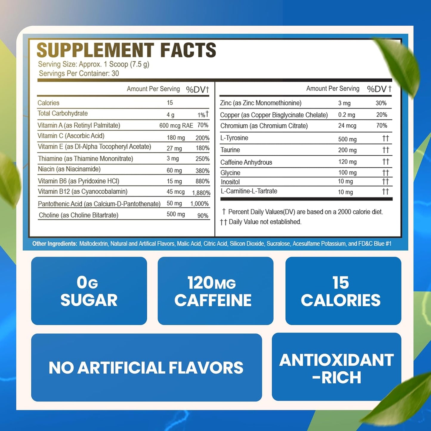 Blue Raspberry Morning Buzz Energy Drink Powder - Sugar-Free Energy Booster with Antioxidants - 30 Servings for Sports Nutrition and Morning Kickstart