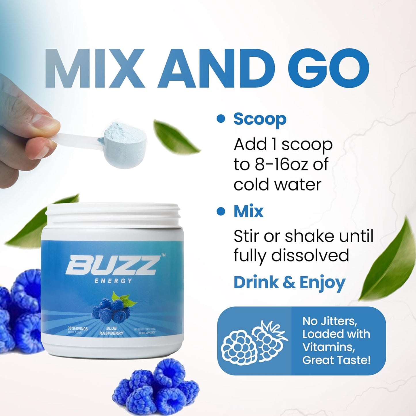 Blue Raspberry Morning Buzz Energy Drink Powder - Sugar-Free Energy Booster with Antioxidants - 30 Servings for Sports Nutrition and Morning Kickstart